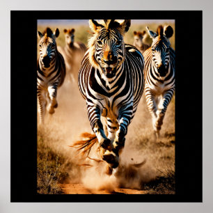 Póster Cuatro cebras corriendo por la sabana mientras un 