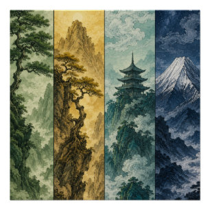 Póster Cuatro Estaciones Montaña   Paisaje de Tinta Japon