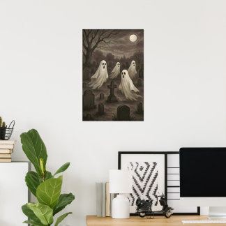 Póster Cuatro fantasmas bajo la luna llena en el cementer