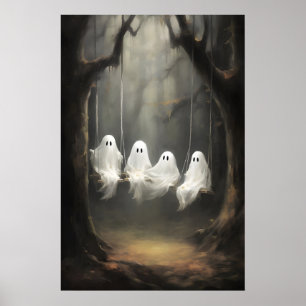 Póster Cuatro fantasmas lindos en un columpio en estampad