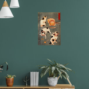 Póster Cuatro Gatos en Diferentes Posturas Ilustrando Jap