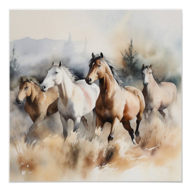 Póster “Cuatro Mustangs Salvajes” Acuarela Occidental Pol (Anverso)