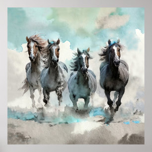 Póster Cuatro Mustangs Salvajes Galopan a Través de la Pr