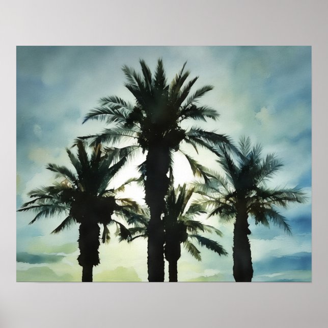 Póster Cuatro palmeras tropicales en la acuarela de Sunse (Frente)