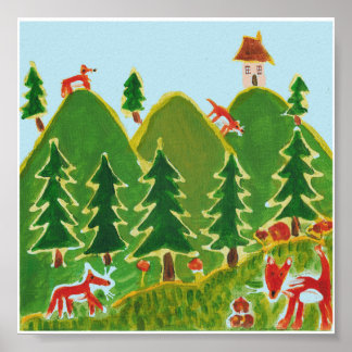 Póster Cuatro zorros en la pintura de las colinas