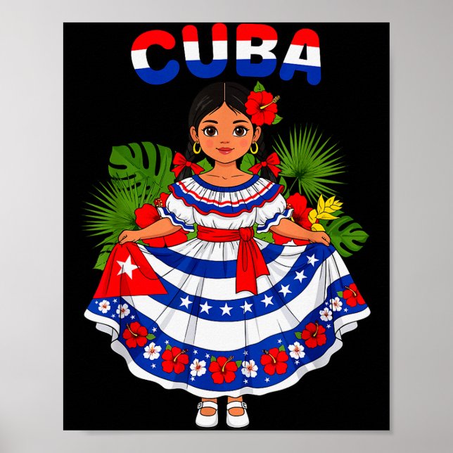 Póster Cuba Cuban Girl Traditional Dress Trocal Flowers  (Frente)