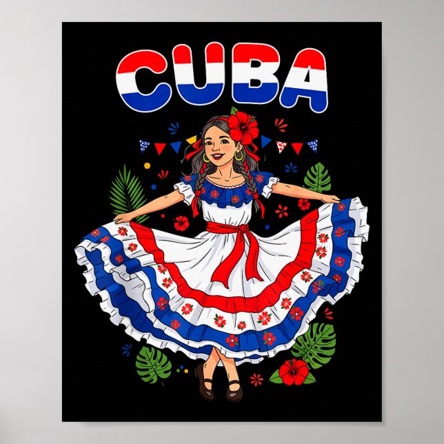 Póster Cuba Cuban Girl Traditional Dress Trocal Flowers  (Frente)