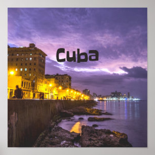 Póster Cuba Havana Shoreline Citylights At Night
