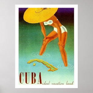 Póster Cuba, Isla, chica bikini en gran gorra amarillo, c