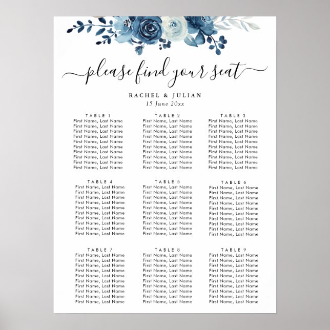 Póster Cubierta azul boda floral (Frente)