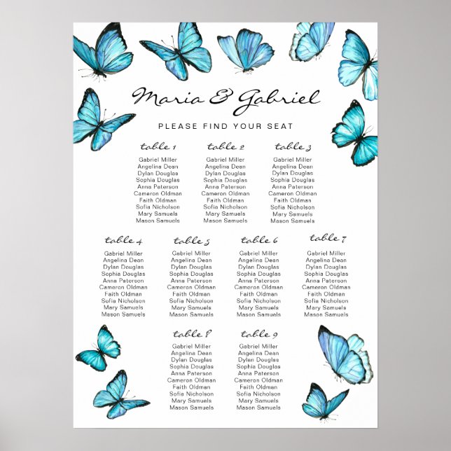 Póster Cubierta azul mariposa Boda Gráfico de asientos (Frente)