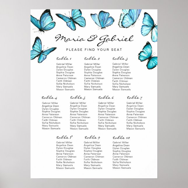 Póster Cubierta azul mariposa Boda Gráfico de asientos (Frente)