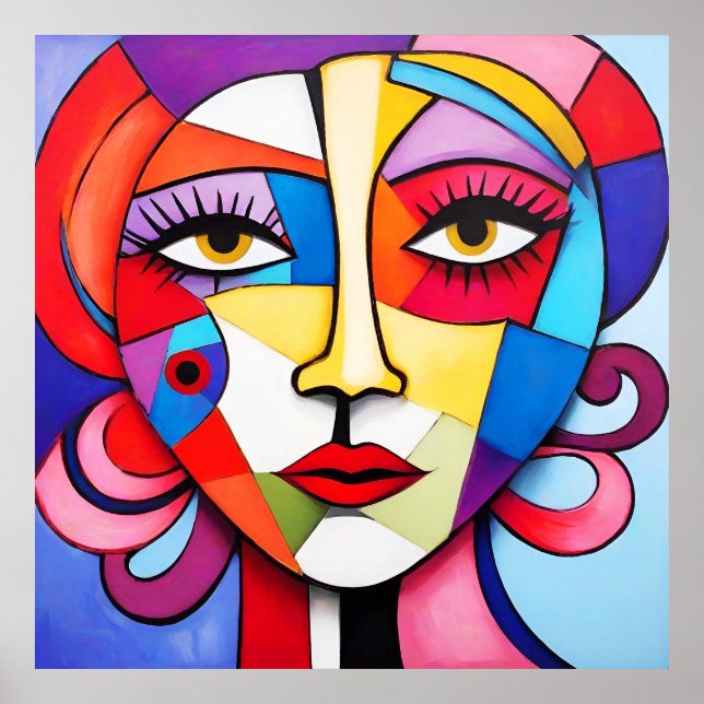 Póster Cubismo colorido abstracto de cara (Frente)