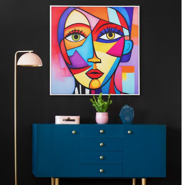 Póster Cubismo colorido abstracto de cara (Colorful Cubism Abstract Face Art – Modern Geometric Wall Poster)