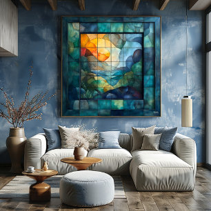 Póster Cubismo geométrico abstracto: arte de paisaje vibr