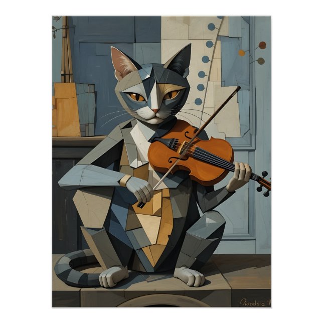 Póster Cubist Harmony: Feline Violinist (Anverso)