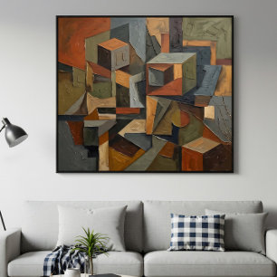 Póster Cubista Abstracto 3D Cubos Tonos Tierra