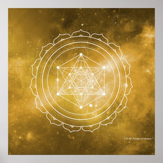 Póster Cubo de Metatron con fondo de universo amarillo (Frente)
