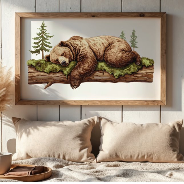 Póster Cubo de Oso Durmiente Sereno | Guardería con tema  (Sleeping Bear cozy hygge style bedroom wall poster art. Housewarming gift or baby shower gift.)