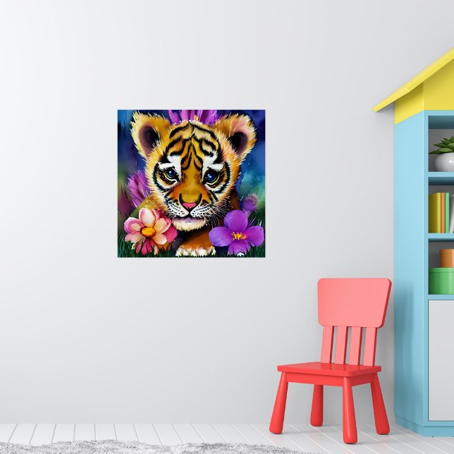 Póster Cubo de tigre blanco rodeado de flores (Guardería 1)
