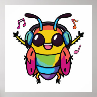Póster Cucaracha feliz con auriculares escuchando música