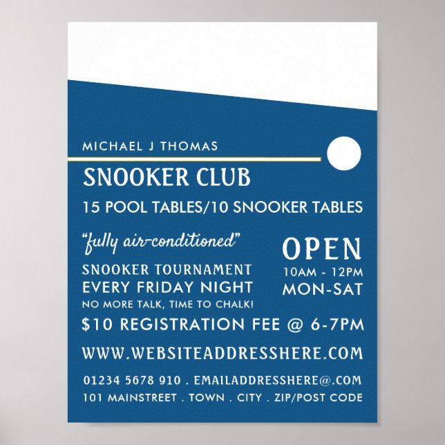 Póster Cue Ball, Pool Club, publicidad Snooker Club (Frente)