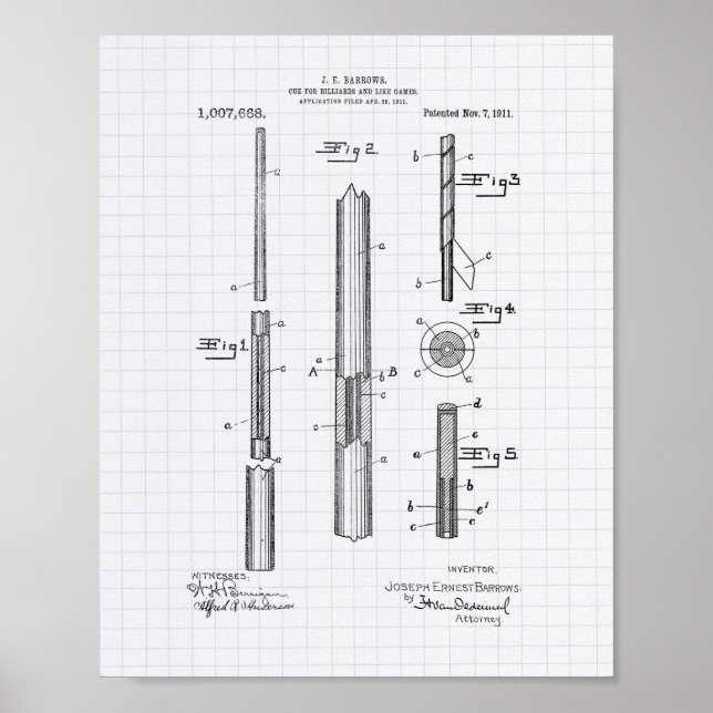 Póster Cue For Billiards 1911 Patent Art - Lining Peper (Frente)