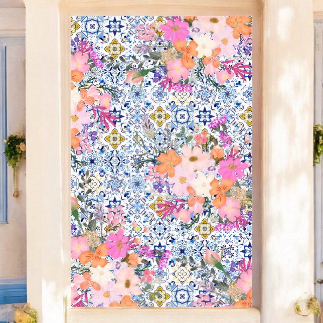 Póster Cuello azul italiano acuarela floral (Italian blue tile watercolor floral bridal poster)