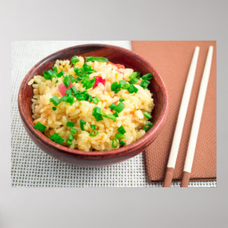 Póster Cuenco marrón con una porción de arroz cocido