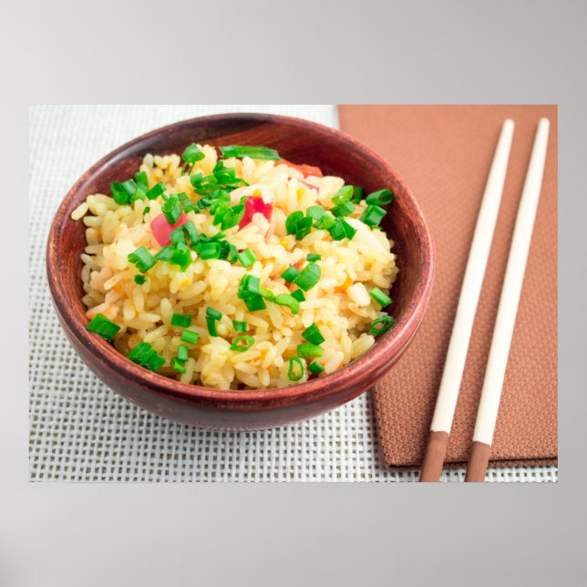 Póster Cuenco marrón con una porción de arroz cocido (Frente)