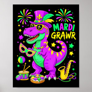 Póster Cuentas de dinosaurio T-rex Mardi Gras Mardi Grawr