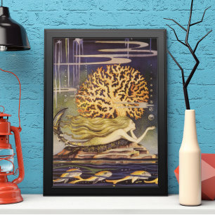 Póster Cuento de Hadas Antiguo, Sirena en Coral Oceánico