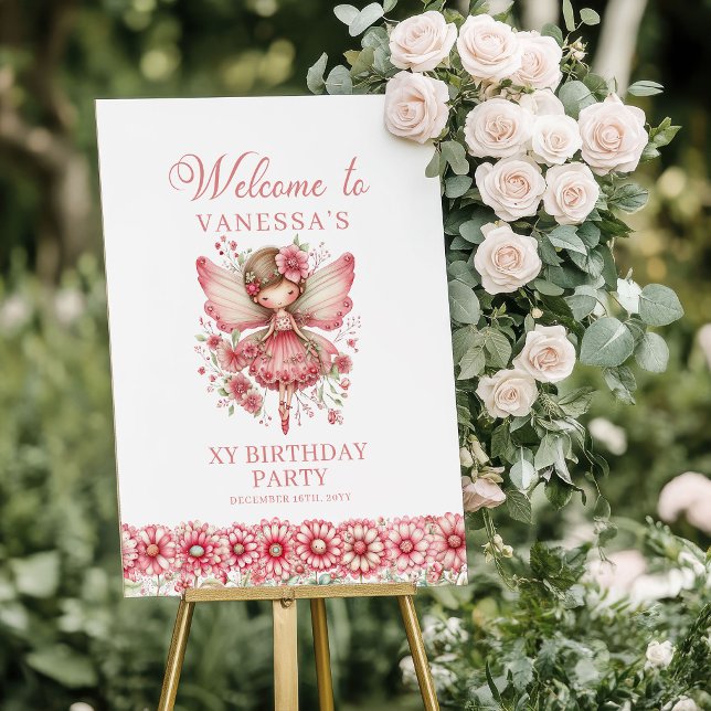 Póster Cuento de Hadas Niña Cumpleaños Bienvenida Floral (Fairytale Fairy Girl Blush Floral Birthday Welcome Sign

)