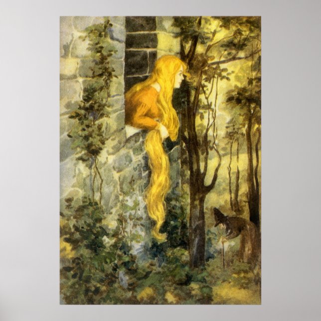 Póster Cuento de hadas vintage, Rapunzel con pelo largo (Frente)