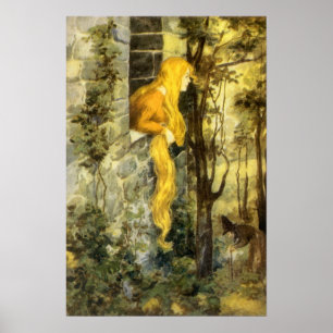 Póster Cuento de hadas vintage, Rapunzel con pelo largo