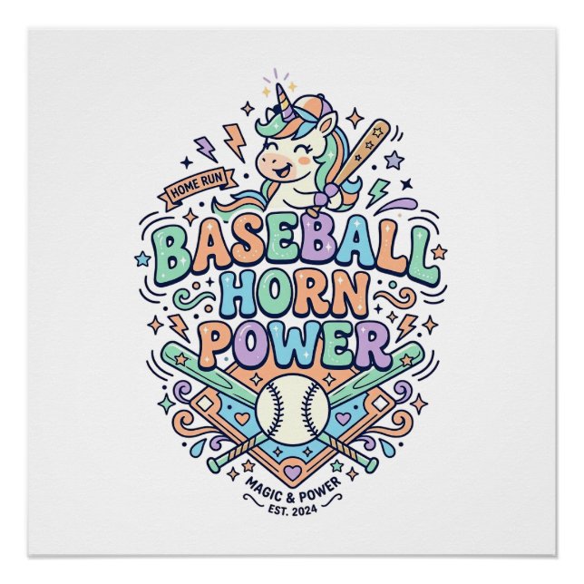 Póster Cuerno de béisbol de unicornio Poder Kawaii Diseño (Anverso)