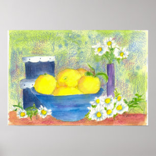 Póster Cuero de fruta limón Daisy Vintage Hatbox Watercol