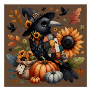 Póster Cuervo Caprichoso con Calabazas y Girasoles