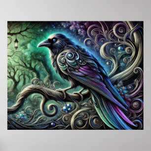 Póster Cuervo con Plumas Iridescentes en Bosque Encantado