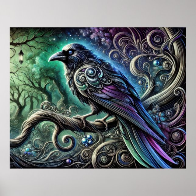 Póster Cuervo con Plumas Iridescentes en Bosque Encantado (Frente)