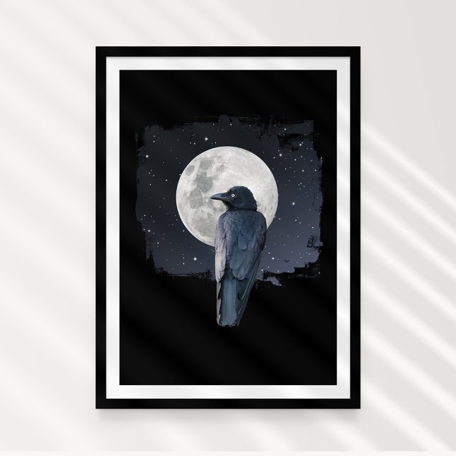 Póster Cuervo de Bosque Luna Fría (Forest Raven on the Cold Moon (super moon). Mystic photographic Art.)