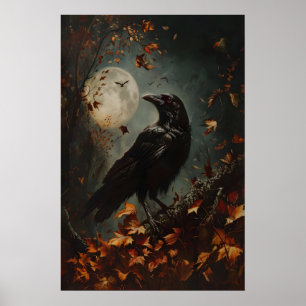 Póster Cuervo de Luna Llena en Otoño Estampa de Arte, Art