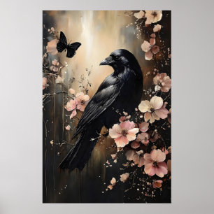 Póster Cuervo en bosque de flores sombrío imprimible, cue