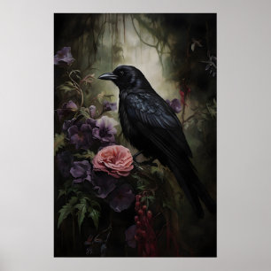 Póster Cuervo en bosque floral sombrío Imprimible, Cuervo