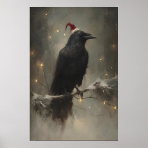 Póster Cuervo festivo en rama nevada, bosque gótico
