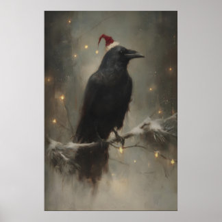 Póster Cuervo festivo en rama nevada, bosque gótico
