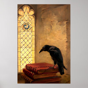 Póster Cuervo gótico antiguo sobre libros medievales anti
