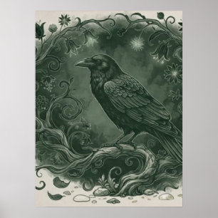 Póster Cuervo Místico Gótico y Bosque Encantado