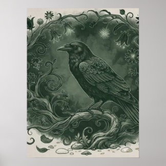 Póster Cuervo Místico Gótico y Bosque Encantado