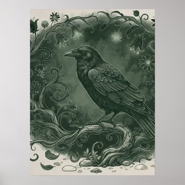 Póster Cuervo Místico Gótico y Bosque Encantado (Frente)